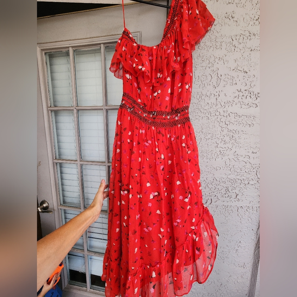 Joie Silk One-Shoulder Ruffle Red Floral Maxi Dress - Picture 9 of 14